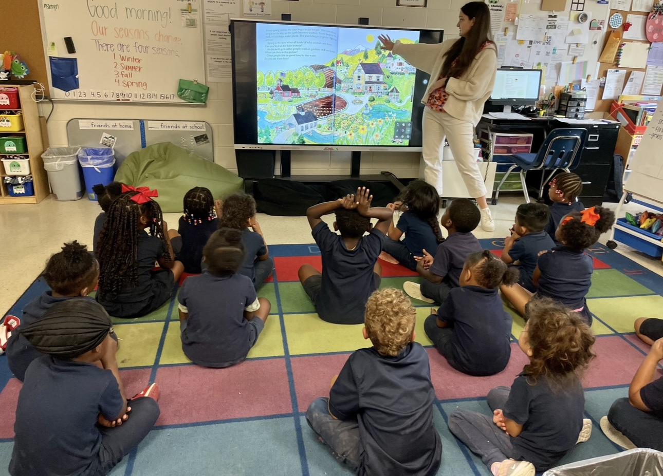 Teacher Caroline Hargrave teaches in front of class