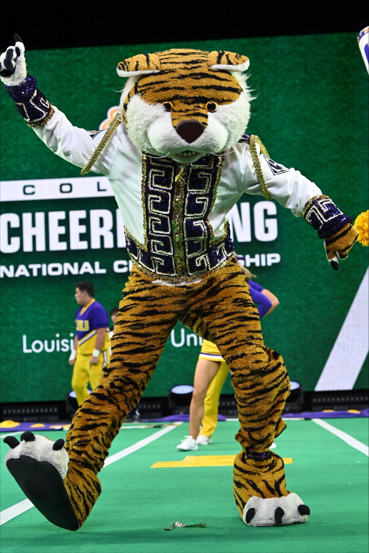 Mike the Tiger performs during a collegiate cheer and mascot competition.