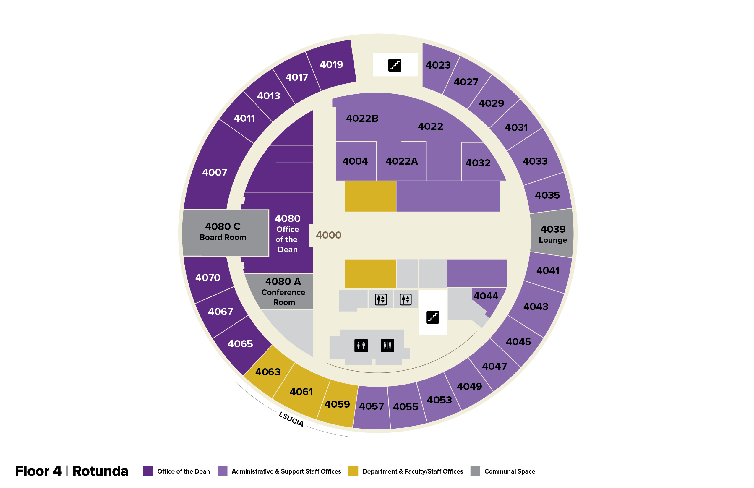 Fourth floor map of the BEC Rotunda, showing offices labeled with room numbers. 