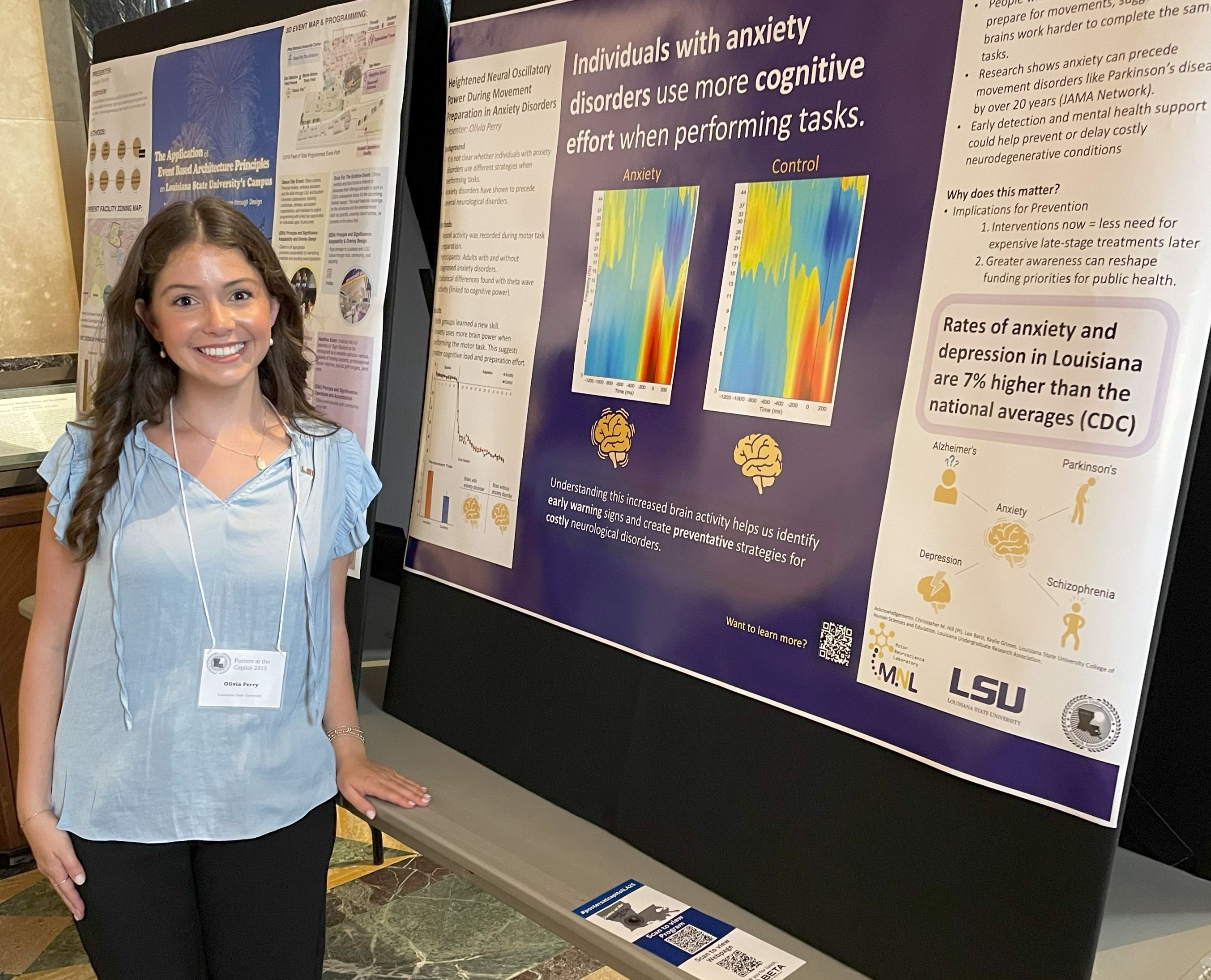 Kinesiology student presenting a research poster at the Louisiana State Capitol