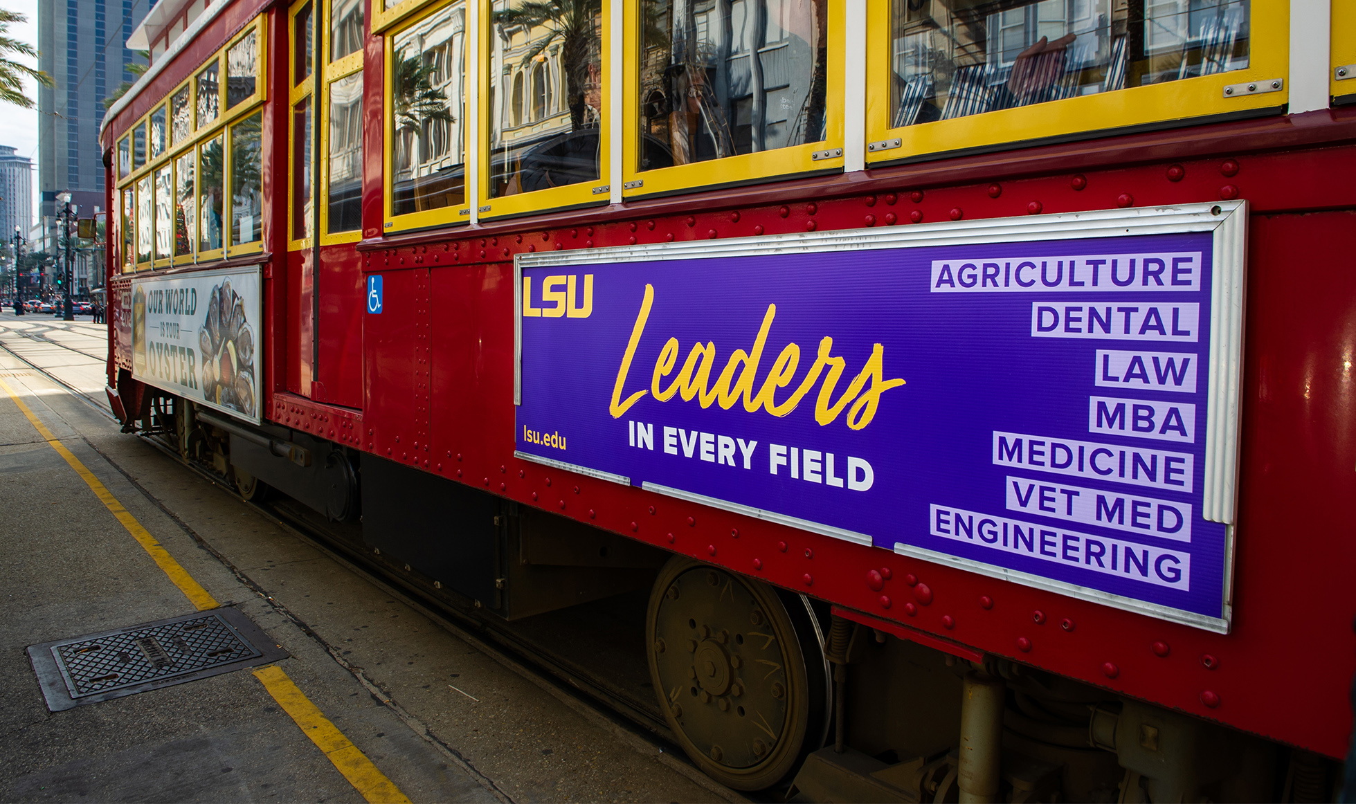 LSU marketing sign on streetcar