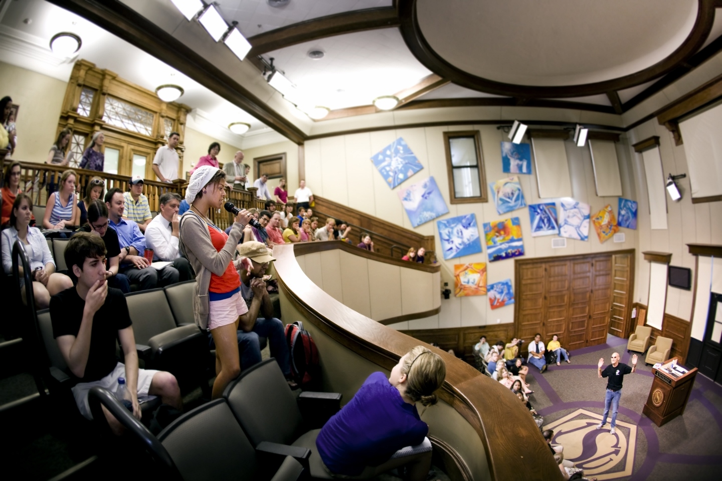 James Carville and students in Holliday Forum balcony