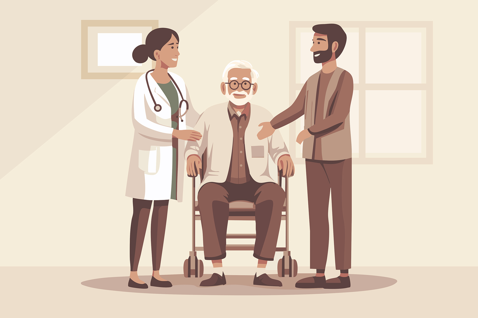 Elderly man with a doctor and family member on either side.